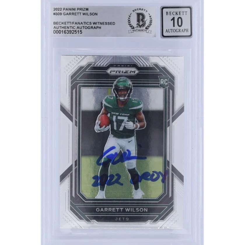 Trading Cards^New York Jets Garrett Wilson Autographed 2022 Panini Prizm #309 Beckett Fanatics Witnessed Authenticated 10 Rookie Card With "2022 OROY" Inscription