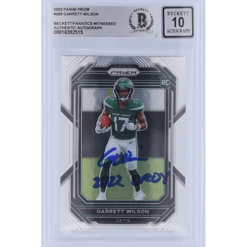Trading Cards^New York Jets Garrett Wilson Autographed 2022 Panini Prizm #309 Beckett Fanatics Witnessed Authenticated 10 Rookie Card With "2022 OROY" Inscription