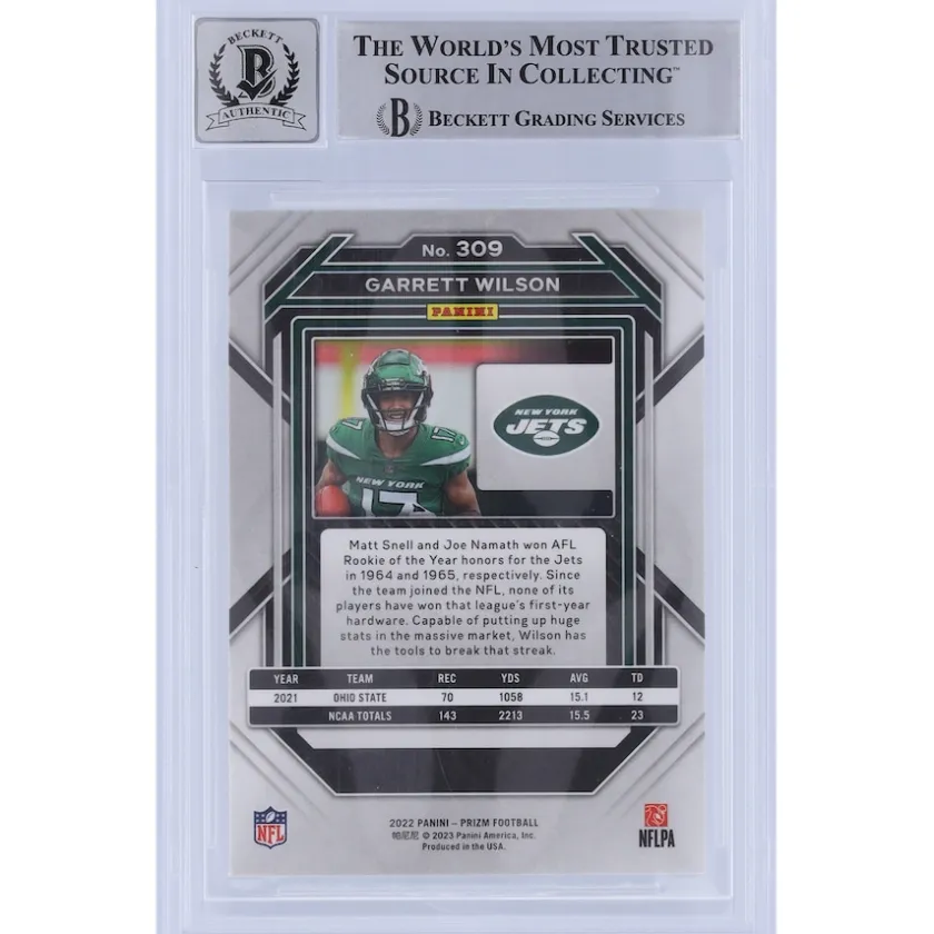 Trading Cards^New York Jets Garrett Wilson Autographed 2022 Panini Prizm #309 Beckett Fanatics Witnessed Authenticated 10 Rookie Card With "2022 OROY" Inscription