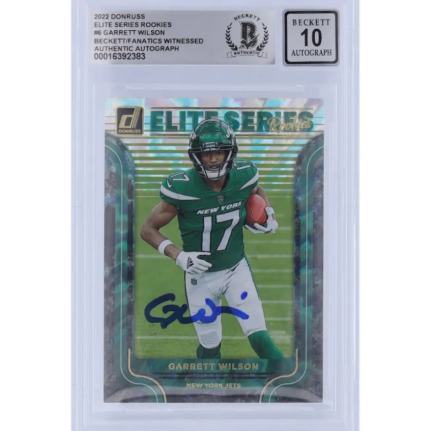 Trading Cards^New York Jets Garrett Wilson Autographed 2022 Panini Donruss Elite Series Rookies #ESR-6 Beckett Fanatics Witnessed Authenticated 10 Rookie Card