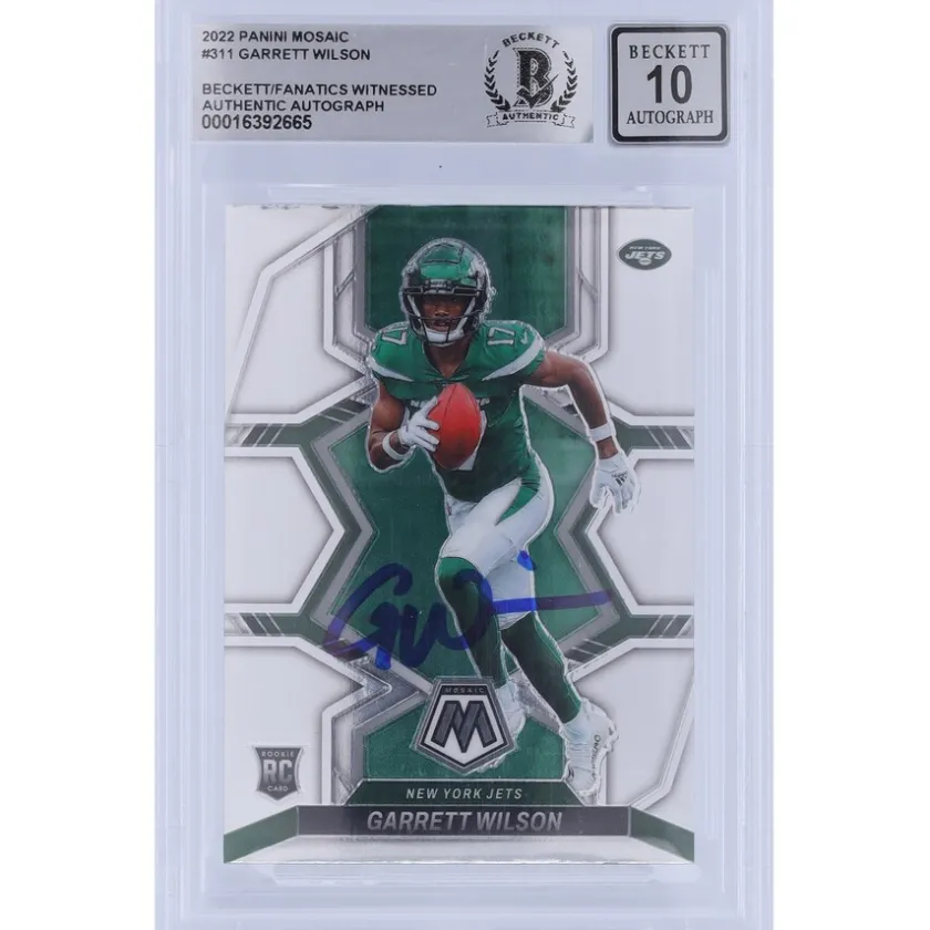 Trading Cards^New York Jets Garrett Wilson Autographed 2022 Panini Mosaic #311 Beckett Fanatics Witnessed Authenticated 10 Rookie Card