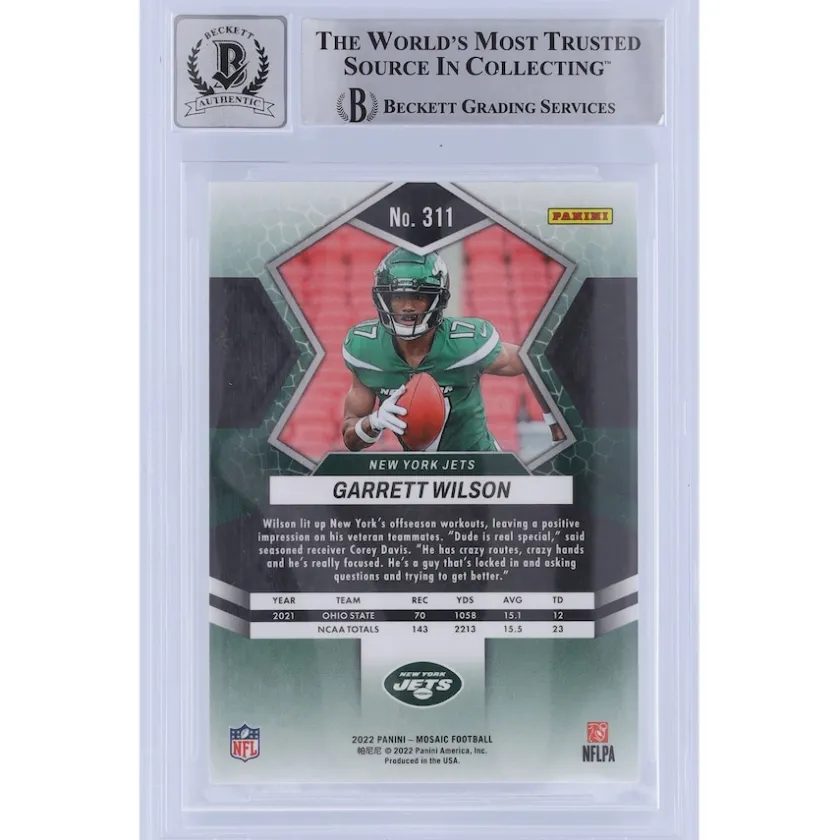 Trading Cards^New York Jets Garrett Wilson Autographed 2022 Panini Mosaic #311 Beckett Fanatics Witnessed Authenticated 10 Rookie Card