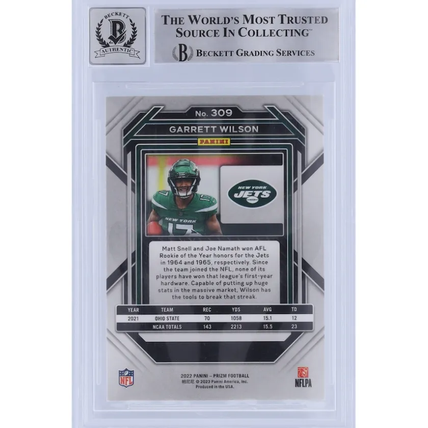 Trading Cards^New York Jets Garrett Wilson Autographed 2022 Panini Prizm #309 Beckett Fanatics Witnessed Authenticated 10 Rookie Card