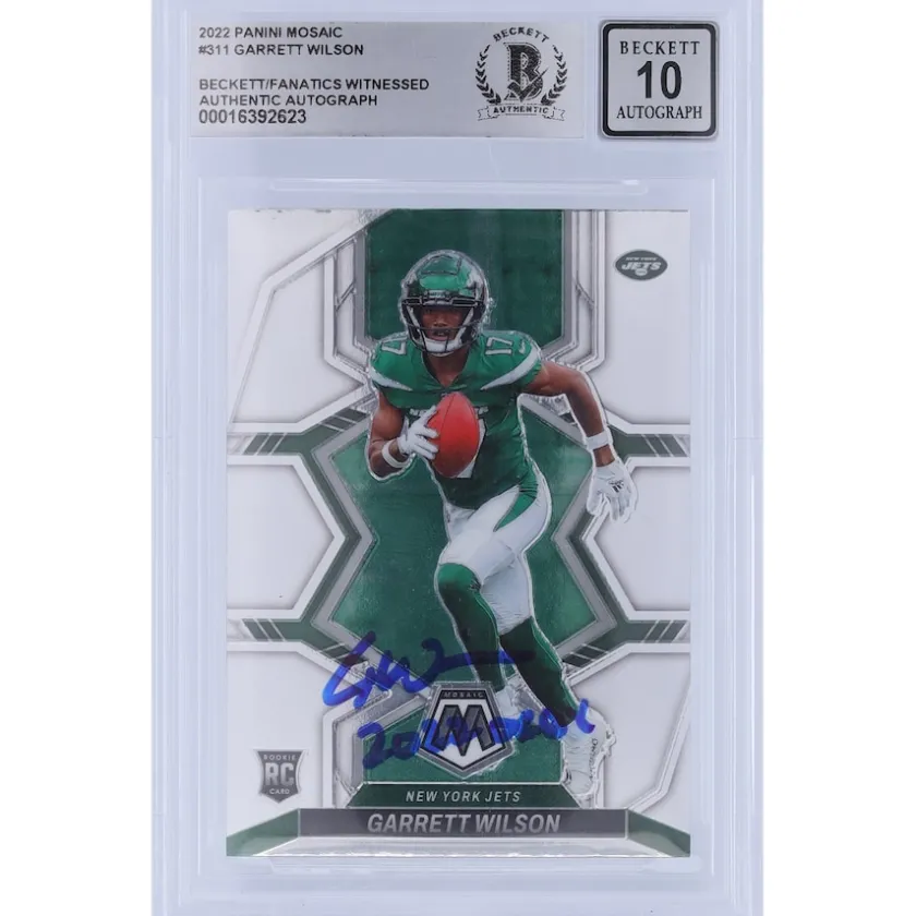 Trading Cards^New York Jets Garrett Wilson Autographed 2022 Panini Mosaic #311 Beckett Fanatics Witnessed Authenticated 10 Rookie Card With "2022 OROY" Inscription