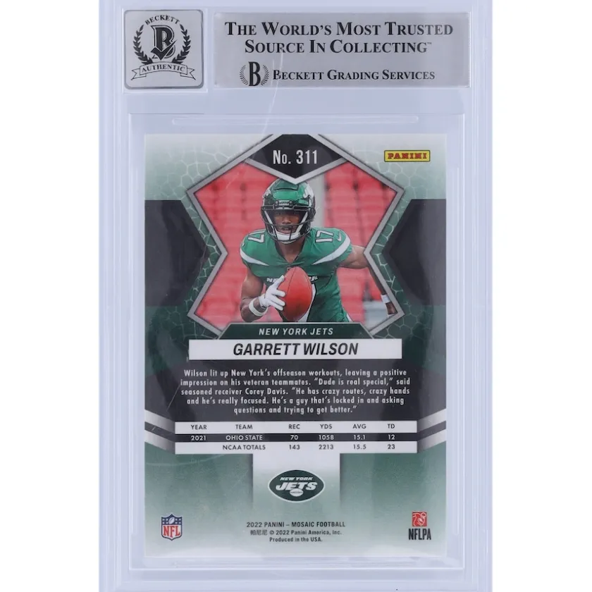 Trading Cards^New York Jets Garrett Wilson Autographed 2022 Panini Mosaic #311 Beckett Fanatics Witnessed Authenticated 10 Rookie Card With "2022 OROY" Inscription