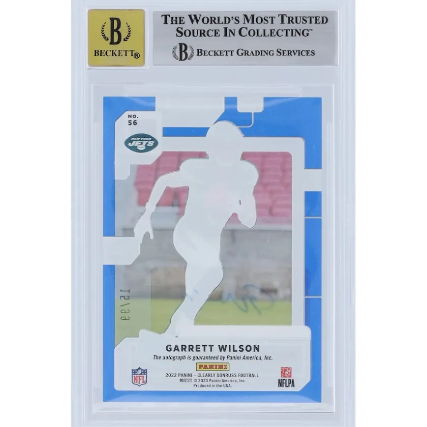 Trading Cards^New York Jets Garrett Wilson Autographed 2022 Panini Clearly Donruss Blue Variation #56 #15/99 BGS Authenticated 8.5/10 Rookie Card