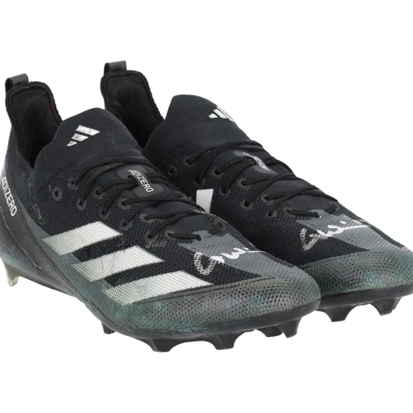 Cleats & Shoes|Autographed Items^New York Jets Garrett Wilson Autographed Game-Used Black/Gray Adidas Cleats From The 2023 NFL Season