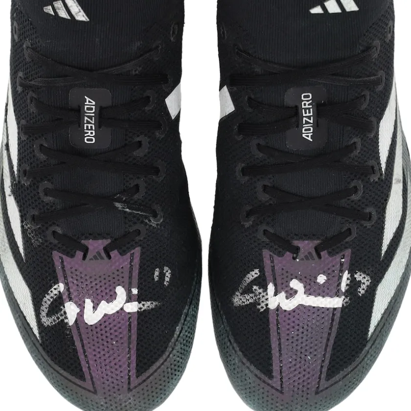 Cleats & Shoes|Autographed Items^New York Jets Garrett Wilson Autographed Game-Used Black/Gray Adidas Cleats From The 2023 NFL Season