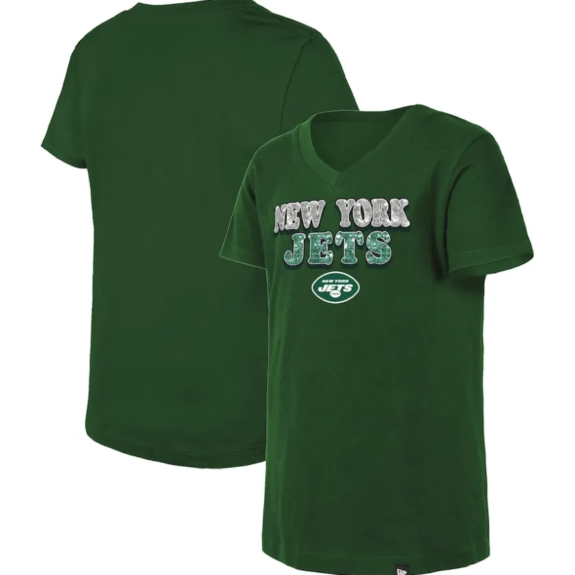 T-Shirts|Kids^New York Jets Girls Youth New Era Green Reverse Sequin V-Neck T-Shirt