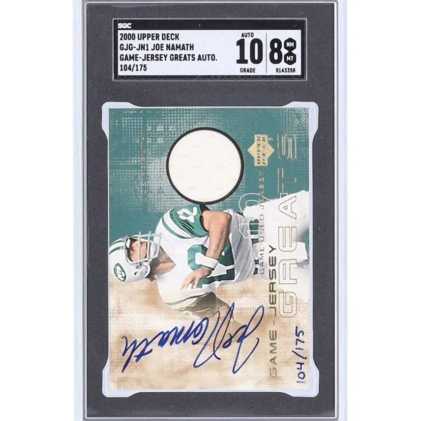 Trading Cards^New York Jets Joe Namath Autographed 2000 Upper Deck Game-Jersey Greats Relic #GJG-JN1 #104/175 SGC Authenticated 8/10 Card