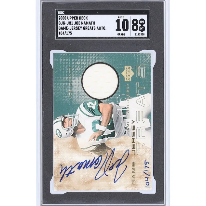 Trading Cards^New York Jets Joe Namath Autographed 2000 Upper Deck Game-Jersey Greats Relic #GJG-JN1 #104/175 SGC Authenticated 8/10 Card