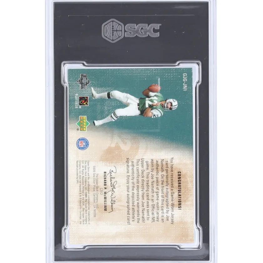 Trading Cards^New York Jets Joe Namath Autographed 2000 Upper Deck Game-Jersey Greats Relic #GJG-JN1 #104/175 SGC Authenticated 8/10 Card