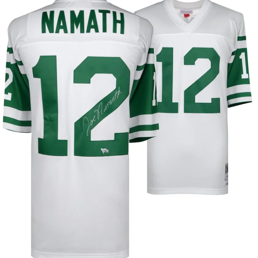 Autographed Items|Collectible Jerseys^New York Jets Joe Namath Autographed White Mitchell & Ness Replica Jersey