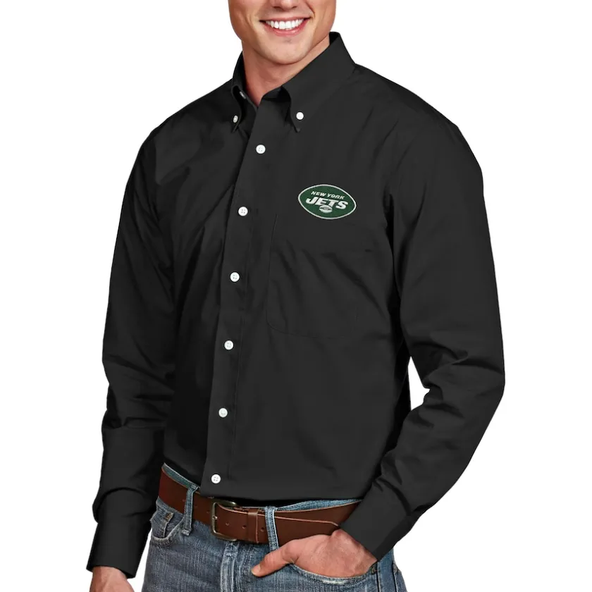 Polos|Sweaters & Dress Shirts^New York Jets Men's Antigua Black Dynasty Woven Long Sleeve Button-Down Logo Shirt