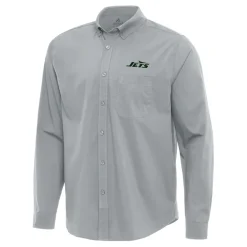 Sweaters & Dress Shirts|Sweaters^New York Jets Men's Antigua Gray Flight Woven Tri-Blend Long Sleeve Button-Down Shirt