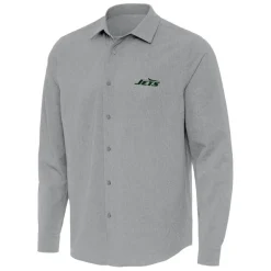 Sweaters & Dress Shirts|Sweaters^New York Jets Men's Antigua Gray Exposure Woven Long Sleeve Button-Up Shirt