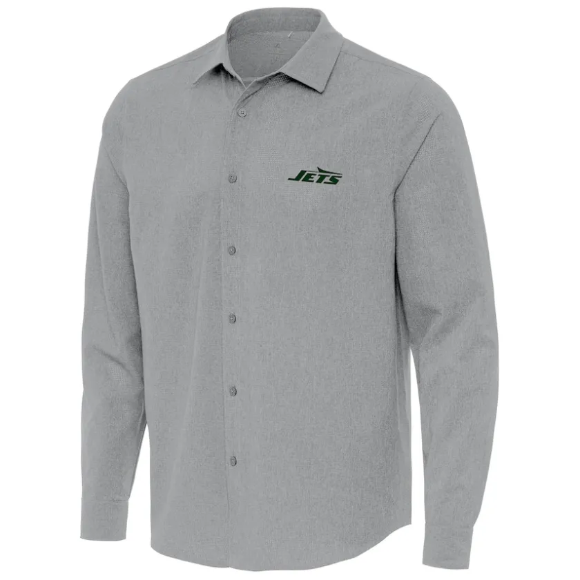 Sweaters & Dress Shirts|Sweaters^New York Jets Men's Antigua Gray Exposure Woven Long Sleeve Button-Up Shirt
