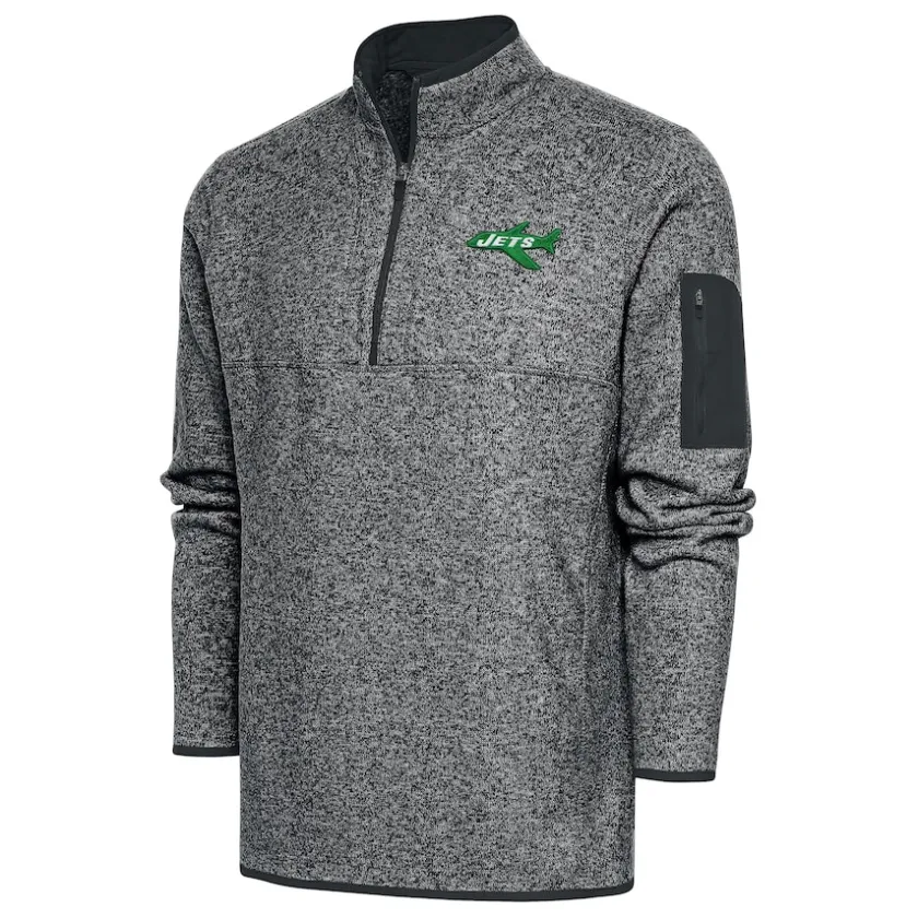 Big & Tall^New York Jets Men's Antigua Heather Charcoal Throwback Fortune Big & Tall Quarter-Zip Pullover Jacket