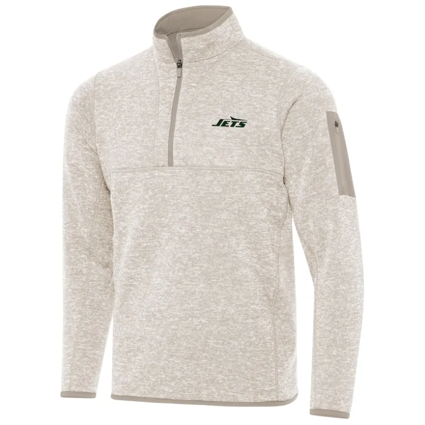 Jackets|Sweatshirts & Fleece^New York Jets Men's Antigua Oatmeal Fortune Quarter-Zip Pullover Jacket