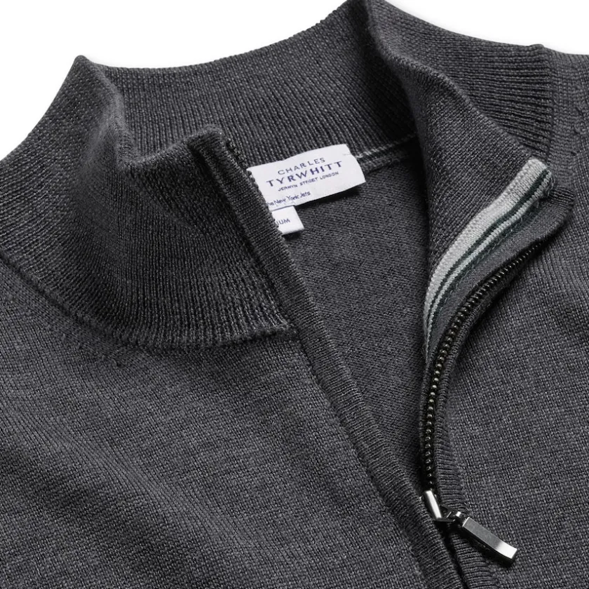 Sweaters & Dress Shirts|Sweatshirts & Fleece^New York Jets Men's Charles Tyrwhitt Gray Merino Quarter-Zip Pullover Sweater