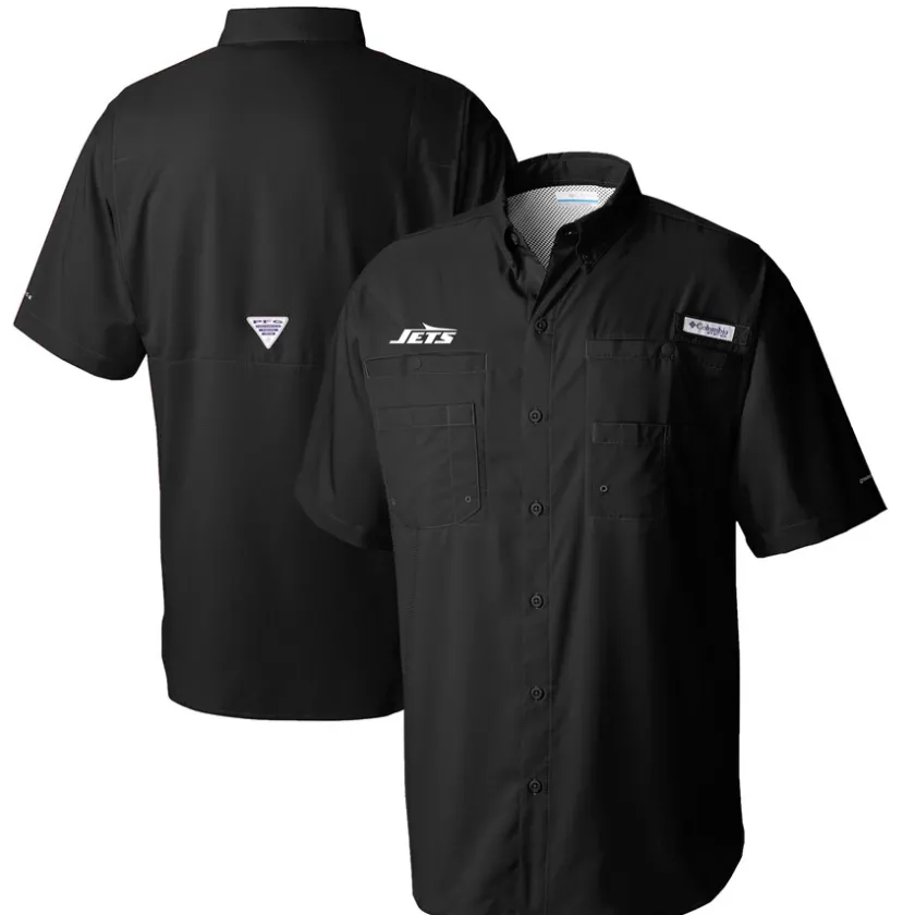 Polos|Sweaters & Dress Shirts^New York Jets Men's Columbia Black Tamiami Omni-Shade Button-Down Shirt