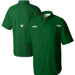 Polos|Sweaters & Dress Shirts^New York Jets Men's Columbia Green Tamiami Omni-Shade Button-Down Shirt