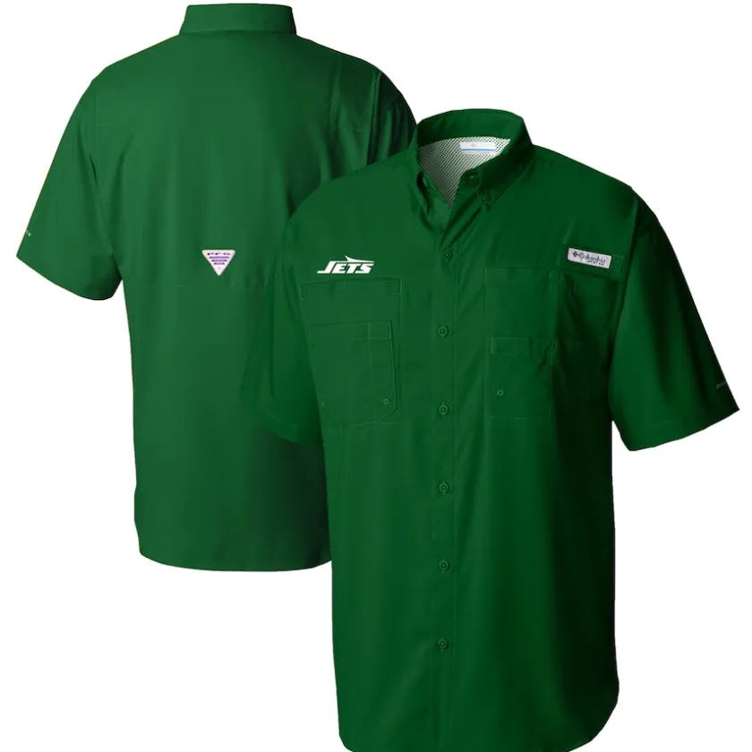 Polos|Sweaters & Dress Shirts^New York Jets Men's Columbia Green Tamiami Omni-Shade Button-Down Shirt