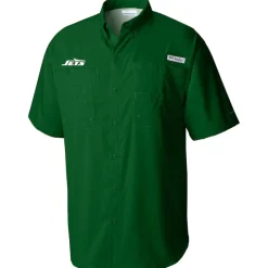 Polos|Sweaters & Dress Shirts^New York Jets Men's Columbia Green Tamiami Omni-Shade Button-Down Shirt