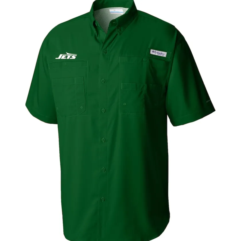Polos|Sweaters & Dress Shirts^New York Jets Men's Columbia Green Tamiami Omni-Shade Button-Down Shirt