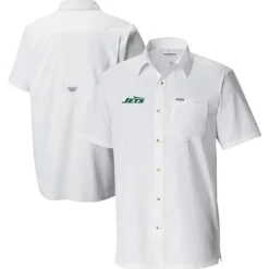 Sweaters & Dress Shirts^New York Jets Men's Columbia White Slack Tide Omni-Wick Button-Up Camp Shirt