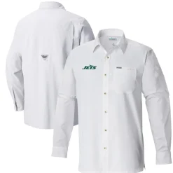 Sweaters & Dress Shirts^New York Jets Men's Columbia White Slack Tide Omni-Wick Button-Up Long Sleeve Shirt