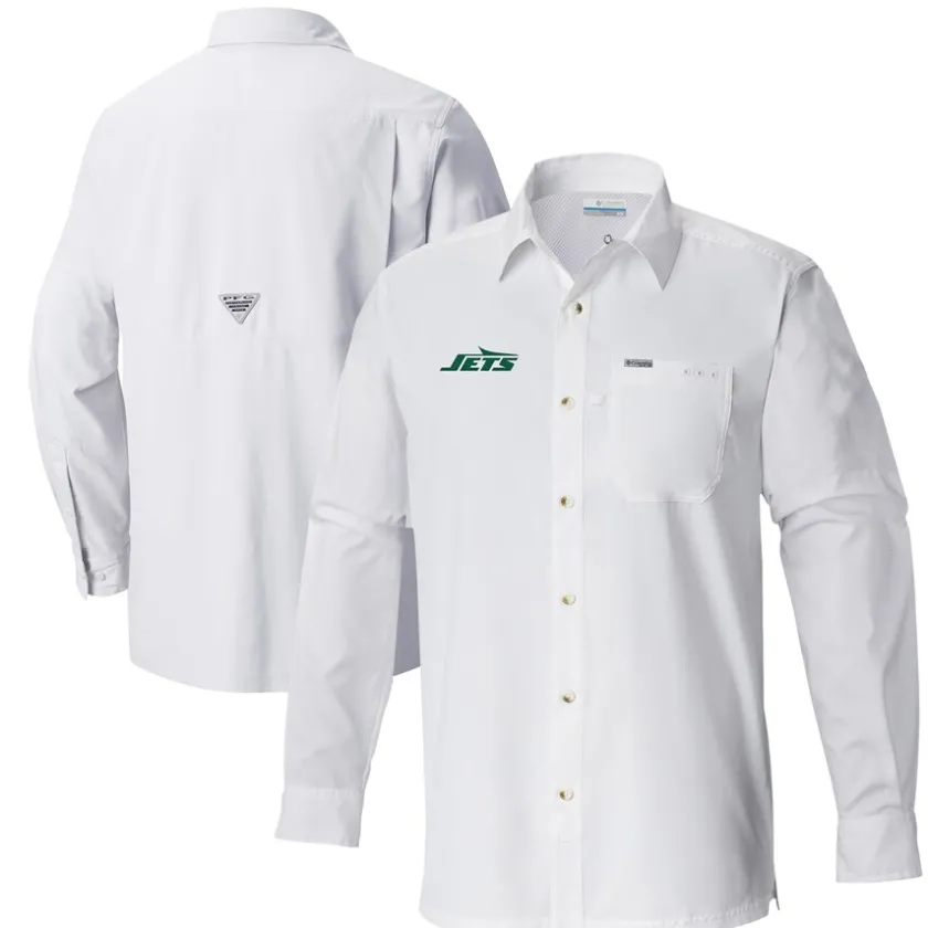 Sweaters & Dress Shirts^New York Jets Men's Columbia White Slack Tide Omni-Wick Button-Up Long Sleeve Shirt