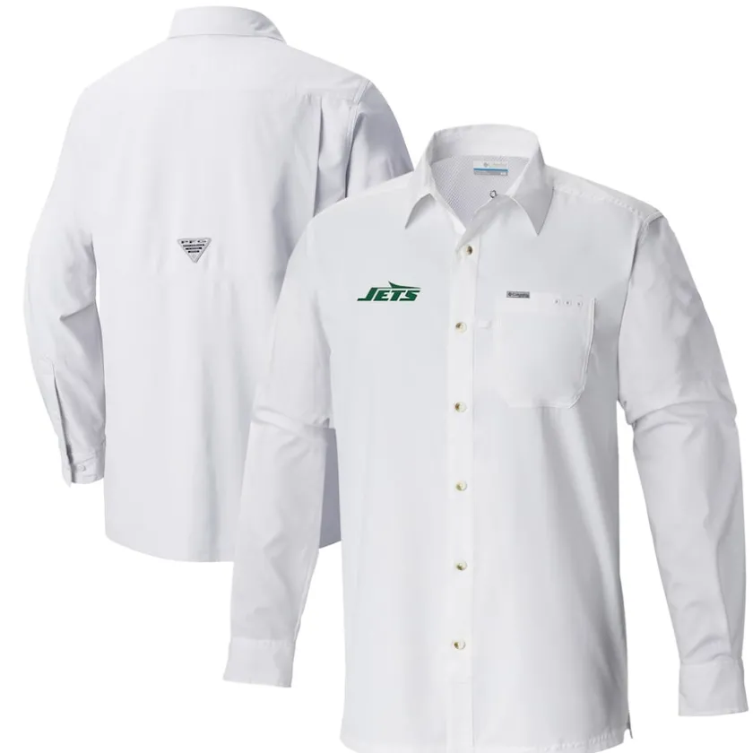 Sweaters & Dress Shirts^New York Jets Men's Columbia White Slack Tide Omni-Wick Button-Up Long Sleeve Shirt