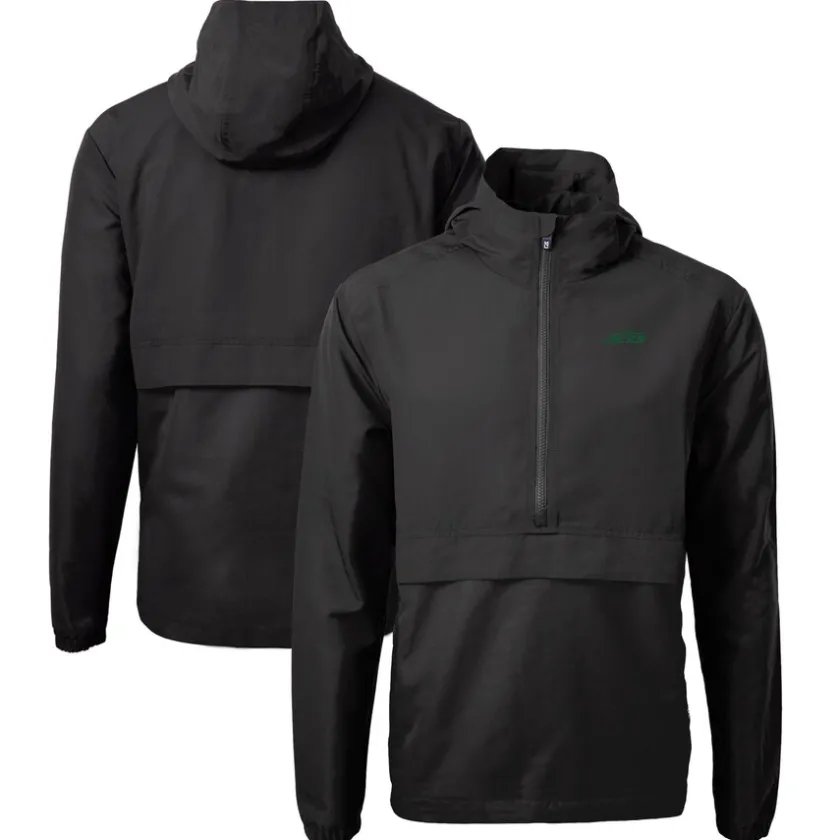 Jackets^New York Jets Men's Cutter & Buck Black Primary Logo Charter Eco Recycled Half-Zip Anorak Jacket