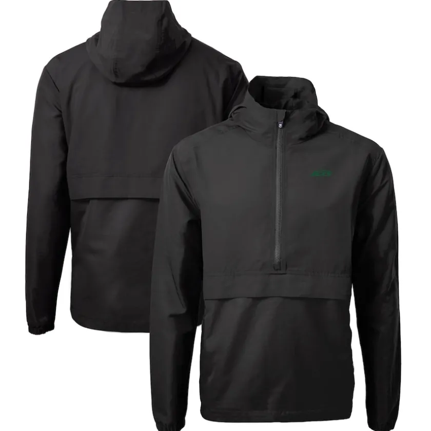 Jackets^New York Jets Men's Cutter & Buck Black Primary Logo Charter Eco Recycled Half-Zip Anorak Jacket