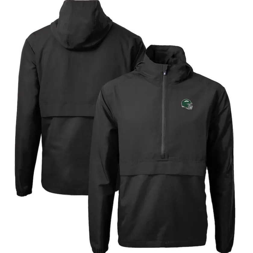 Jackets|Sweatshirts & Fleece^New York Jets Men's Cutter & Buck Black Helmet Charter Eco Recycled Half-Zip Anorak Jacket