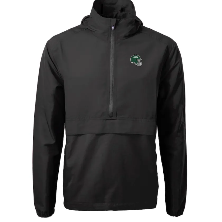 Jackets|Sweatshirts & Fleece^New York Jets Men's Cutter & Buck Black Helmet Charter Eco Recycled Half-Zip Anorak Jacket
