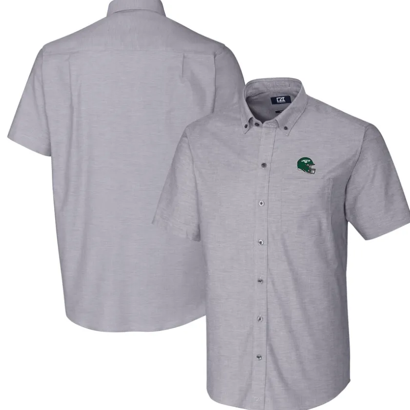 Sweaters & Dress Shirts^New York Jets Men's Cutter & Buck Charcoal Helmet Short Sleeve Stretch Oxford Button-Down Shirt