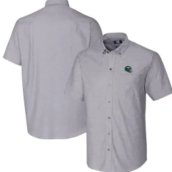 Sweaters & Dress Shirts^New York Jets Men's Cutter & Buck Charcoal Helmet Short Sleeve Stretch Oxford Button-Down Shirt