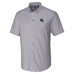 Sweaters & Dress Shirts^New York Jets Men's Cutter & Buck Charcoal Helmet Short Sleeve Stretch Oxford Button-Down Shirt