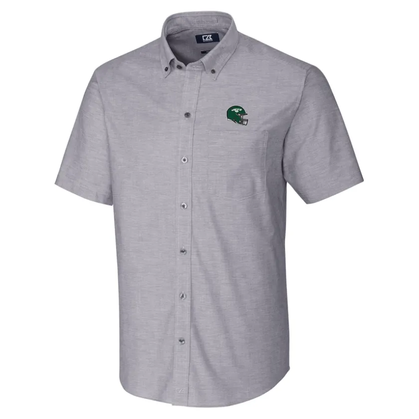 Sweaters & Dress Shirts^New York Jets Men's Cutter & Buck Charcoal Helmet Short Sleeve Stretch Oxford Button-Down Shirt