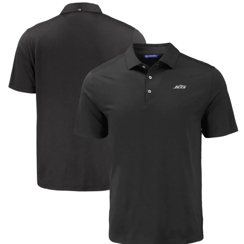 Polos^New York Jets Men's Cutter & Buck Black Monochromatic Logo Coastline Epic Comfort Eco Recycled Polo