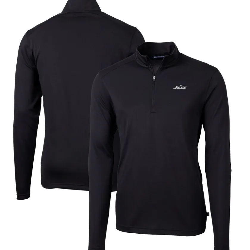 Big & Tall^New York Jets Men's Cutter & Buck Black Big & Tall Monochromatic Logo Virtue Eco Pique Recycled Quarter-Zip Pullover Top