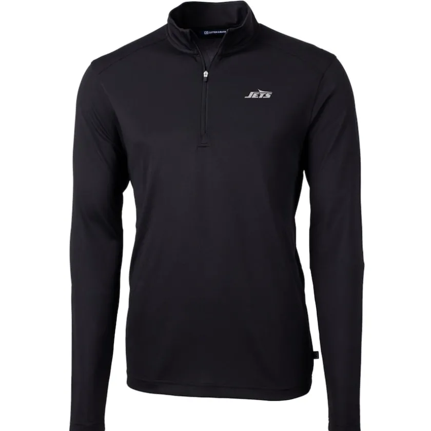 Big & Tall^New York Jets Men's Cutter & Buck Black Big & Tall Monochromatic Logo Virtue Eco Pique Recycled Quarter-Zip Pullover Top