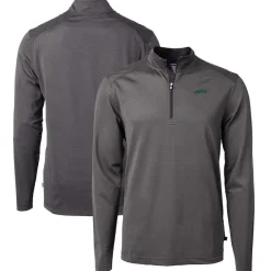 Big & Tall^New York Jets Men's Cutter & Buck Black/Gray Big & Tall Primary Logo Virtue Eco Pique Micro Stripe Recycled Quarter-Zip Top