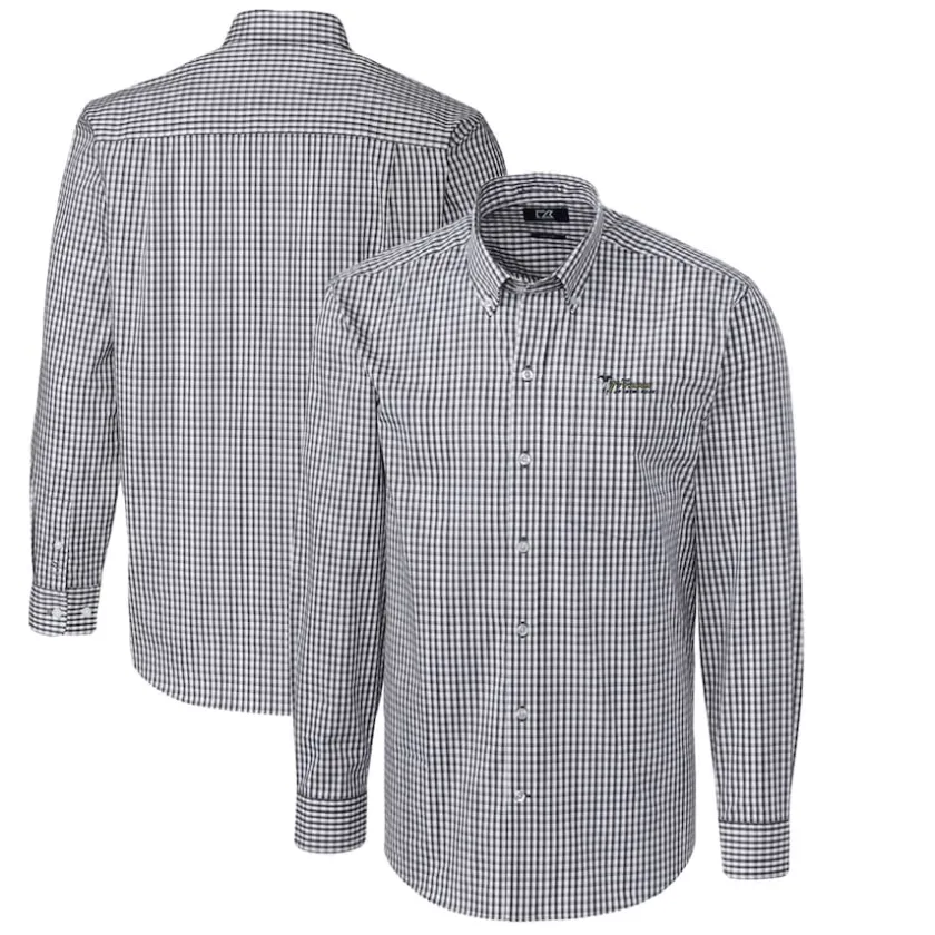 Sweaters & Dress Shirts^New York Jets Men's Cutter & Buck Charcoal Throwback Logo Easy Care Stretch Gingham Big & Tall Long Sleeve Button-Down Shirt