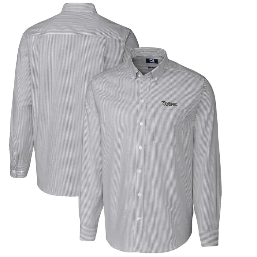 Sweaters & Dress Shirts^New York Jets Men's Cutter & Buck Charcoal Throwback Logo Big & Tall Stretch Oxford Stripe Long Sleeve Button Down Shirt