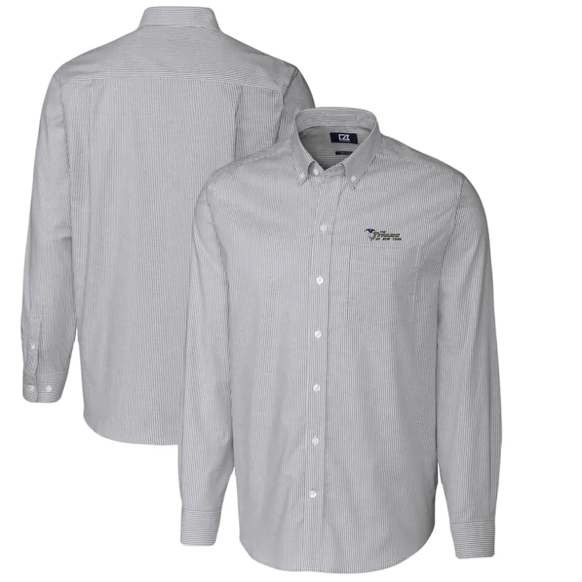 Sweaters & Dress Shirts^New York Jets Men's Cutter & Buck Charcoal Throwback Logo Big & Tall Stretch Oxford Stripe Long Sleeve Button Down Shirt
