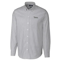 Sweaters & Dress Shirts^New York Jets Men's Cutter & Buck Charcoal Throwback Logo Big & Tall Stretch Oxford Stripe Long Sleeve Button Down Shirt