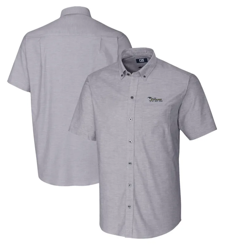 Sweaters & Dress Shirts^New York Jets Men's Cutter & Buck Charcoal Throwback Logo Stretch Oxford Button-Down Short Sleeve Shirt